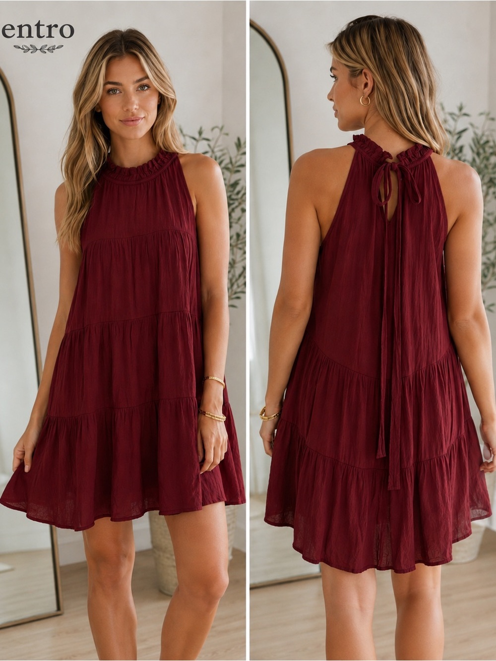 Entro Burgundy Tiered Sleeveless Ruffle Neck Dress Size M NWT